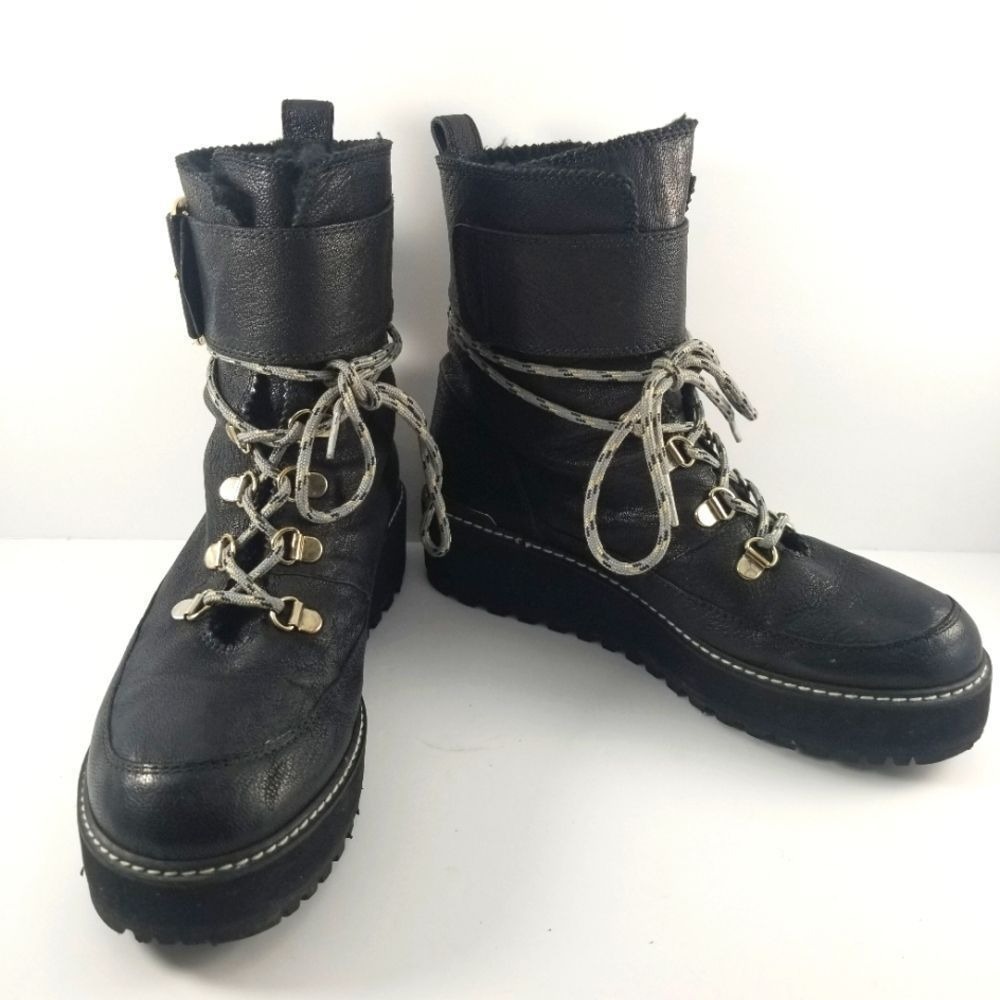 Stuart Weitzman Sondra Black Leather Platform Combat Boots Gold Buckle S637